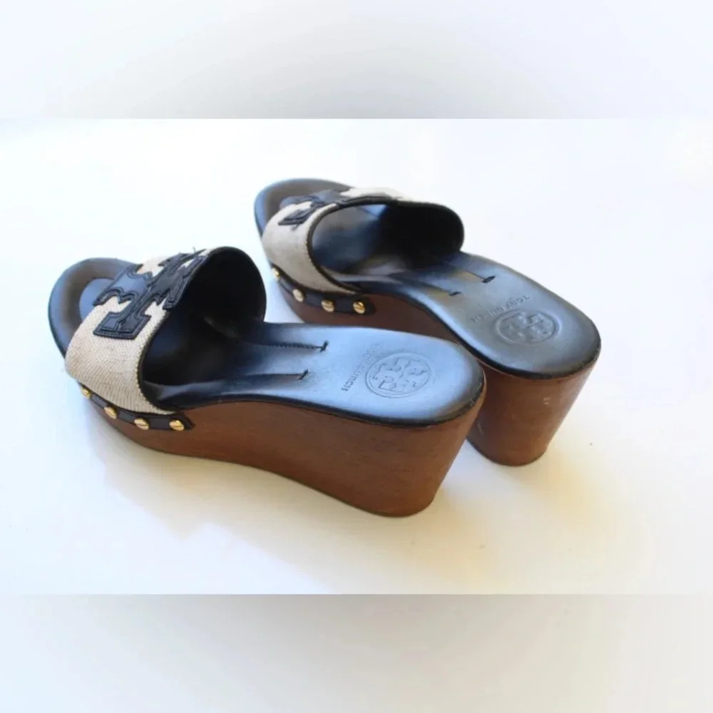 Tory Burch Black Leather and Beige Canvas Wedge Sandals